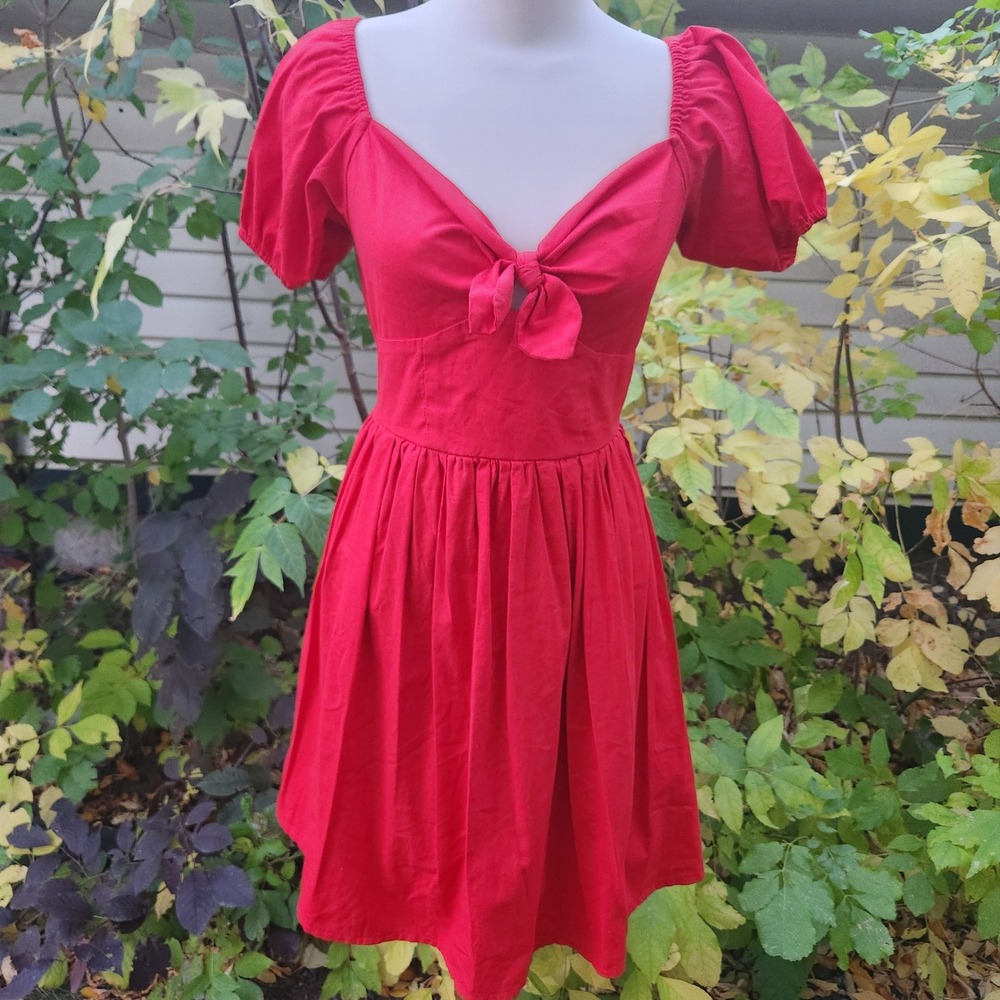 Red Tie‎ Front Mini Dress Cottagecore Puff Sleeve Fit Flare Sundress little red